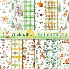 Forest Animals Scrapbook Paper 11.8x11.8 Double Sided Craft Paper Colorful Decorative Journal Scrapbooking Supplies With Plum Deer Squirrel Hedgehog for DIY Card Making Scrapbook Photo Album Decor