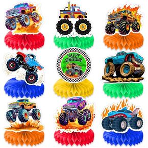 9PCS Monster Truck Honeycomb Centerpieces Themed Birthday Party Decorations Centerpiece Table Decoration Party Favors Decor Supplies Gifts for Boys Girls Men Women