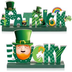 Blulu 2 St. Patrick Table Decorations, Lucky Table Centerpiece Cute Leprechaun Irish Shamrock Sign Wooden St. Patrick Happy for Dinner Party Coffee, 5.9 x 2.55 Inch