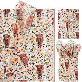100 Sheets 20 * 14 Inches Floral Highland Cow Tissue Paper for Gift Bags, Boho Flower Gift Wrapping Tissue Paper for Birthday Wedding Baby Shower Cow Themed Party DIY Craft