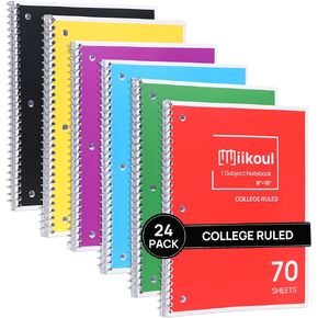 miikoul 1-Subject Notebook Bulk,24 Pack Spiral Notebook,College Ruled,8 x 10 Inch, 70 Sheets,3-Hole Punched Paper,Subject Notebooks for School& Office,Assorted Colors