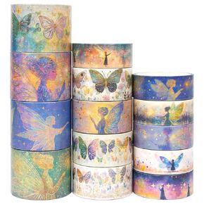 14 Rolls Washi Tape Set - تصاميم Fairy & Butterfly مع رقائق ذهبية ، وأشرطة Washi الزخرفية ، للاصطدامات ، وحرف اليومية و DIY ، ولف الهدايا ، واللوازم المدرسية