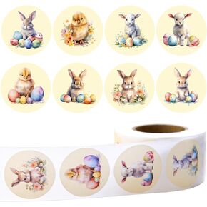 500PCS Easter Round Stickers, 8 Designs Retro Watercolor Roll Stickers Rustic Bunny Rabbit Eggs Chick Envelope Adhesive Labels for Easter Party Gift Greeting Card Candy Goodie Decor, 1.5 Inch