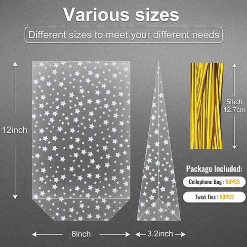 أكياس Gusset السفلية 50pcs 8x12 "Silver Star Clear Cellophane أكياس الأكياس البلاستيكية أكياس تشيلو أكياس علاج الأكياس بشكل كبير الحفلات in Kuwait