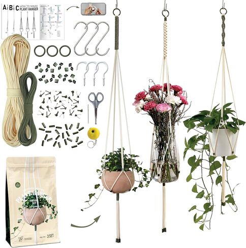 Macrame Kits for Beginners, 3 Set of Plant Hangers DIY Kit: Braided Polyester Ropes 50yds*5mm Ivory, 20yds*2mm Forest Green, 60+Pcs Supplies with Step-by-Step Easy Instructions (IVGR) in Saudi Arabia