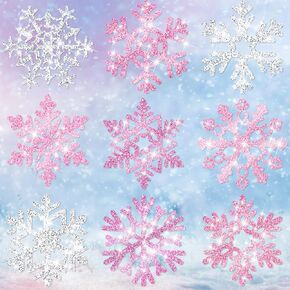 Zonon 45 Pieces Pink Glitter Snowflake Cutouts Decorations, Christmas Glitter Snowflake Paper Ornaments with Glue Point Dots for Christmas Party Winter Party Home Office Decor Accessories
