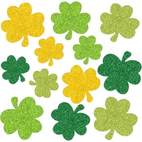 48Pcs St. Patrick's Day Glitter Shamrock Cut Outs with Glue Points Paper Cutouts Assorted Size Irish Clover Bulletin Board Decor for DIY Craft Art School Home Wall