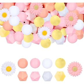 80Pcs Daisy Silicone Beads 15mm Round Hexagon Silicone Beads Bulk Peach White Silicone Focal Beads Daisy Flower Rubber Flat Loose Spacer Beads for DIY Crafts Pens Keychain Bracelet Necklace Making