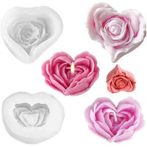 2 PCS Heart Shape Flower Candle Molds 3D Rose Flower Mold Flower Silicone Resin Casting Candle Mold for Rose Resin Making Mold Candle Home Decorate DIY Candle Soap Making Polymer Clay Craft Plaster
