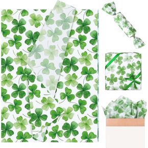 JarThenaAMCS 100 Sheet St. Patrick's Day Tissue Paper Irish Green Shamrock Gift Wrapping Paper Watercolor Clover DIY Art Craft Tissue for Packaging Birthday Bouquet Decor Supplies, 13.7 x 19.6 Inch