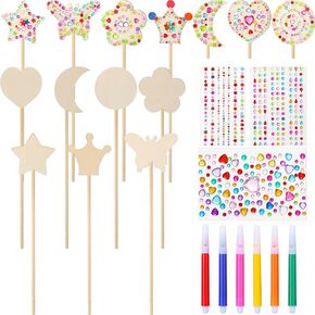 30 Pieces Princess Fairy Wands Kit Include 21 Wooden Fairy Wands Make Your Own Princess Wand, 6 Watercolor Brushes and 3 Gem Stickers Unfinished Wooden DIY Fairy Wand Art Craft Kit for Party Supplies