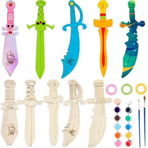 31 Pcs Make You Own Pirates Wooden Swords Set Including 20 Pcs DIY Wood Swords Bulk 3 Pcs Ribbon with 8 Pcs Painting Props for Kids Adults Halloween Art Activity Cosplay Supplies Birthday Gifts