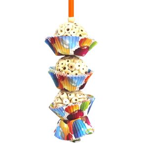 Bonka Bird Toys 1931 Three Cake, 11.75" Hanging Bird Toy with Sola Balls, Cupcake Cups, Wooden Beads, Bell, and Straw, Chewable and Shreddable, Safe for Parrots, and Small Birds