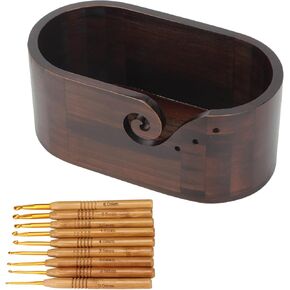 Wooden Oval Yarn Bowl, Crochet Yarn Holder with 9pcs Knitting Hooks, Wood Yarn Bowl with 3 Holes, Yarn Storage Crochet Bowl Knitting for Crocheters, Large Size Handmade Knitting Yarn Holder