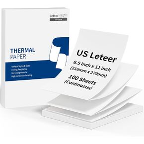 Thermal Printer Paper 8.5 X 11 Inch, Compatible with Phomemo M08F Thermal Paper, US Letter Continuous Paper - Compatible With M08F M832 M833 M834 M835 and Other Thermal Portable Printer, 100 Sheets