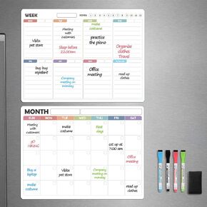 Magnetic Dry Erase Calendar Set – 14x11" Monthly & Weekly Planners for Refrigerator – Stain-Resistant Surface with Markers & Magnetic Board Eraser