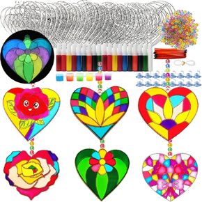 30 Sets Valentine's Day Suncatcher Craft Flowers Heart Suncatchers Glow In The Dark Valentines DIY Window Paint Art Suncatchers for Valentine Classroom Gift Exchange Mother's Day Art Craft Supplies