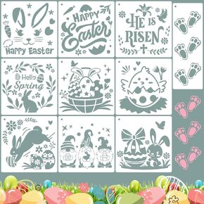 Konsait 10 PCS Easter Stencils for Painting on Wood, Reusable Easter Templates Chicks Eggs Bunny Happy Easter Stencil for Easter Party Decorations, Plastic Spring Stencils for Art Hand Crafts