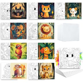 Ginfonr 8 PCS Pre-Drawn Canvas for Painting Adults, Animal Pre Drawn Stretched Outline Canvas, Sip and Paint Kit for Adults, Art Boards Set with Brushes for Home Wall Decor (8x8 inch)