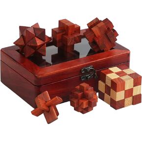 6 Pcs Brain Teaser Puzzles Set, 3D Wooden Puzzles, Fun IQ Logic Games, Assembly Disentanglement Puzzles Interlocking Lock Games, Xmas Novelty Gifts with Premium Wooden Box