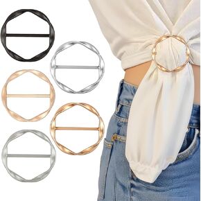 5 PCS Scarf Ring Clip, T-shirt Tie Clips for Women Fashion Metal Round Circle Shirt Clip Buckle Scarf Ring Clothes Corner Knotted Button Shirt Clips for Women Clothing Decorative Accessories (5 Color)