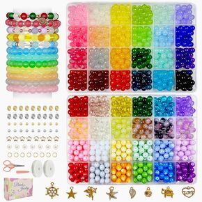 NEWMIAO 1528pcs 8mm Glass Round Beads Bracelet Making Kit, 48 Colors Crystal Beads for Jewelry Making DIY Crafts, Friendship Bracelet for Adults Girls