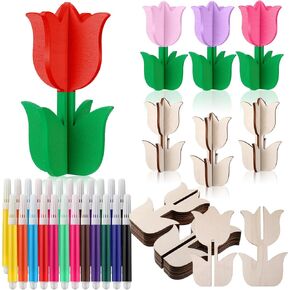 52 Pcs Spring Crafts Set 28 Thicken Wooden Flowers to Paint 3D Unfinished Tulips Cutouts Slices Ornaments 24 Colored Pens for Mothers Day Tiered Tray Decor DIY Gifts Home Table Centerpiece