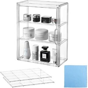 2 Pack Acrylic Display Case with Cleaning Cloth, Magnetic Door & 4 Adjustable Dividers, 3 Tier Clear Box, Stackable Clear Organizers, Purse Organizer for Closet, Display Cases for Collectibles