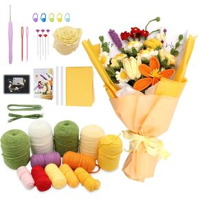 Soleeya Crochet Kit for Beginners Adults Flower Bouquet Crochet Kits Including Yarn Tools and Step-by-Step Instructions, Learn to Crochet Flowers Kit Starter Knitting Kit DIY Craft Gifts