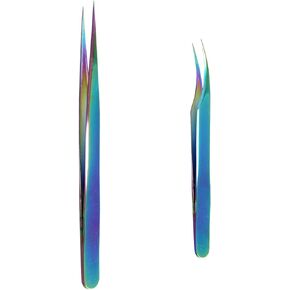 pson 2PCS Rainbow Tweezers Set, Stainless Steel Pointed Craft Tweezers, Colorful Fine Tip Tweezer Tools for Jewelry Making, Eyelash Extension, Repair, DIY (1 straight and 1 curved)