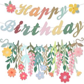 3 Pcs Flower Birthday Party Decorations Wildflower Garland Floral Happy Birthday Banner Spring Decor Boho Hanging Decorations for Women