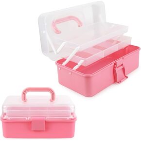 Three-Layer Tackle Box, 10inch Plastic Storage Case, Folding Organizer Box, Sewing Box Medicine Storage Box With Handle, Craft Organizers and Storage For Makeup Diamond Painting (Pink)