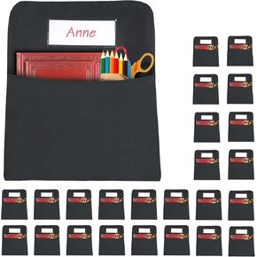 24 PCS جيوب كرسي سوداء للفصول الدراسية ، وأكياس المقعد 20 × 17 بوصة لكراسي الفصل K-2 مع علامة اسم لتنظيم لوازم الفصول الدراسية تناسب كلية المكاتب المدرسية للطلاب