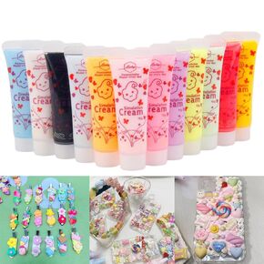 12 Colors (15ml Each) Cream Glue for DIY Crafts, 12 Pcs Decoden Cream DIY Phone Case Kit with 12 Plastic Decorating Mouth for Crafts (12 Color)