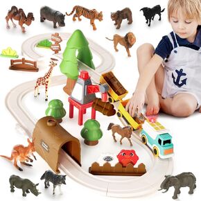 Train Set for Toddlers, Forest Train Track Set with Cars and Animals, Toddler Train Track Playset 3-5, Birthday Gifts for 3 4 5 Years Old Boys Girls