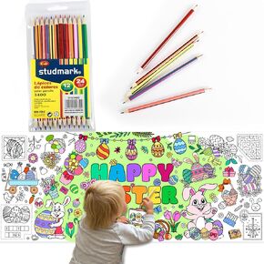Easter Drawing Kit for Kids, Giant Coloring Poster with 24 Dual-Ended Colored Pencils (72x31 Coloring Tablecloth + Dual Ended Pencils)