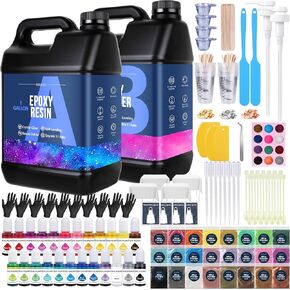 Epoxy Resin 2 Gallon - Clear Epoxy Resin Kit with 24 Pigments and 24 Colors of Mica Powders - No Yellowing No Bubble Casting Resin for Art Crafts, Jewelry Making, Wood & Resin Molds(1 Gallon x 2)