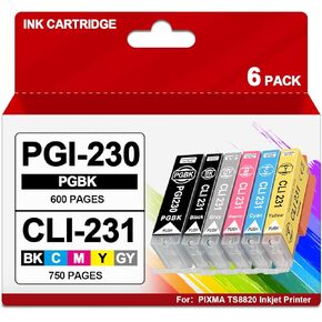 PGI-230 CLI-231 XXL Ink Cartridge High Yield 230 231Compatible with PGI230 CLI231 Ink Cartridges PIXMA TS8820 Inkjet Printers（6 Packs,B,C,M,Y,GY,PGBK）