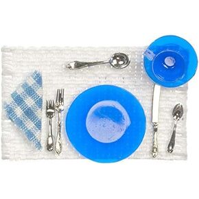 Melody Jane Dollhouse Chrysnbon Blue Place Setting on Table Mat Dining Room Accessory