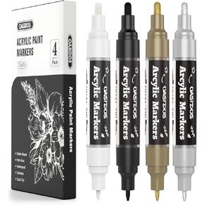 Acrylic Paint Pens - 4 Pack Dual Tip Paint Markers Witch 0.7mm Extra Fine & 2mm Medium, Water-Based Acrylic Markers For Rock Painting, Wood, Canvas, Stone, Glass - White, Black, Gold, Silver