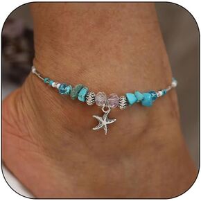 Natural Stone Beaded Anklets Bracelets for Women Summer Starfish Beach Anklets Bracelet Adjustable Waterproof Opal Turquoise Starfish Shell Anklet White Nature Stone Surfer Foot Chain Jewelry