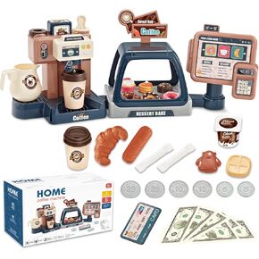 Pretend Play Coffee Maker Toy Role Play Coffee Shop Party Playset with Coffee Machine Cash Registers Toy Food Dessert Donuts Cakes Set Early Learning Funtional Toy for Kids Birthday