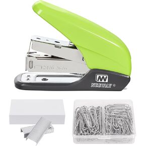 Effortless Small Stapler 20 Sheets Capacity, Jam Free with Built-in Staple Remover, Office Supplies Set with 1000pcs Staples and 100pcs Paper Clips for Desk, Home (Green)