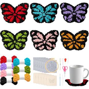WATINC Butterfly Punch Needle Coaster Kit - 22Pcs Easy Art Work Decor Craft Supply for Beginners, DIY Set of 6 Butterflies Tufted Rug Pads with Adhesive Felt Yarns Embroidery Hoop Tools Instruction