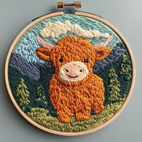 DIY Punch Needle Kits for Beginners Cute Cartoon Highland Cow with Mountain with Hoop Embroidery Punch Needle Starter Craft Set Easy for Adults and Children Festival Gift and Decoration 20x20cm-1