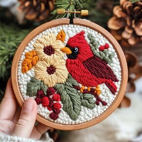 DIY Punch Needle Kits for Beginners Christmas Flowers and Cardinal Bird with Hoop Embroidery Punch Needle Starter Craft Set Easy for Adults and Children Festival Gift and Decoration 20x20cm-7