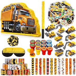 Syhood 88 Pcs Construction Party Favors 1 Construction Dump Truck Piñata 1 Bat 1 Blindfold 1 Bag of Confetti 12 Stamper 10 Vehicles Toy 12 Slap Bracelet 50 Sticker for Birthday Party Supplies