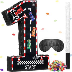 Sratte Race Car Number Piñata Small Racing Piñata with Blindfold Bat and Confetti for Boy Race Car Themed Birthday Anniversary Celebration Party Supplies, 16.1 x 10.6 x 3 Inch (number 1)
