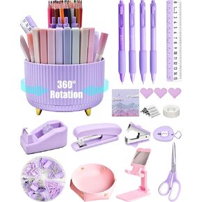 Purple Desk Accessories, 20Pce Office Supplies and 360°Pen Holder Desk Organizers, with Tape Dispenser, Stapler, Staple Remover, Ect, Fill Your Desktop with Lovely Colors