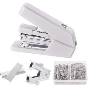 Effortless Stapler 25 Sheets Capacity, No Jam, 4 in 1 Office Stapler Set, Stapler with Staple Remover 100pcs Paper Clips and 1000 Staples for Office or Desk (White)